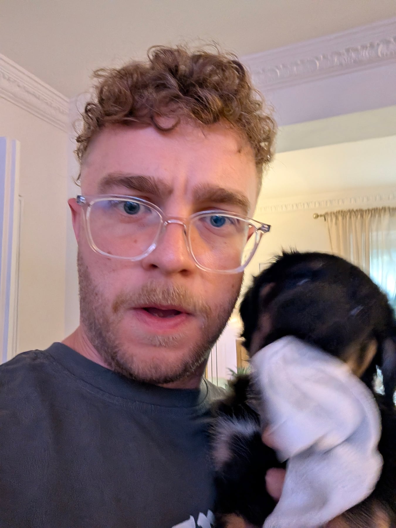 Annie's owner holding her up for a selfie, Annie facing the other way